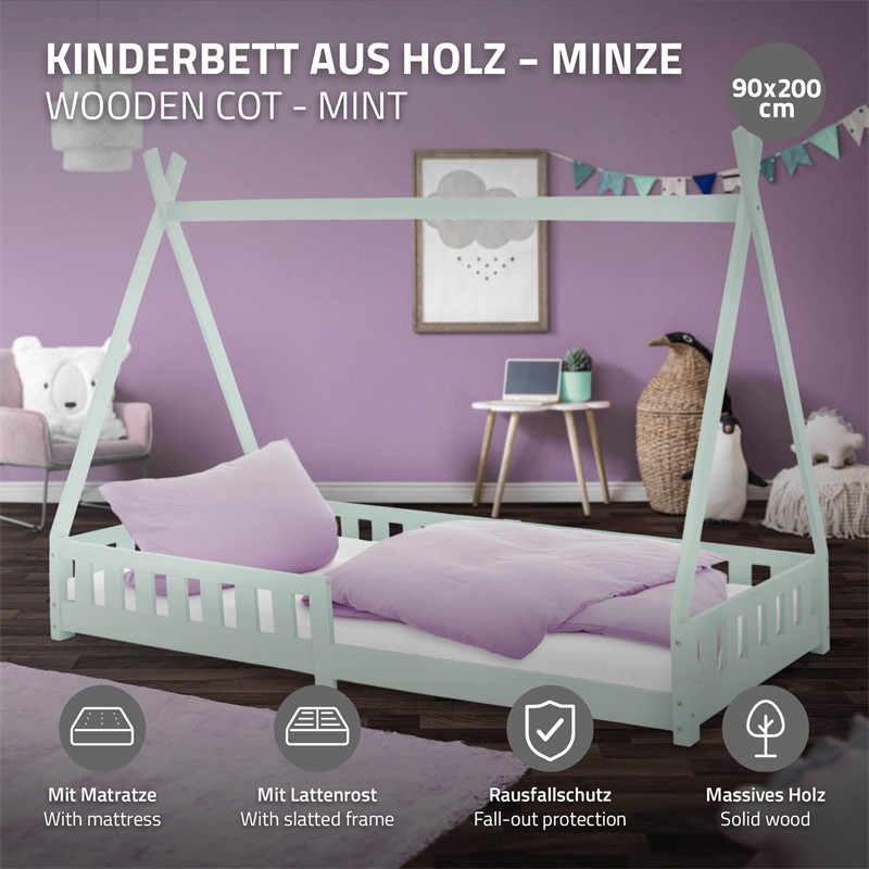 Kinderbett Tipi 90x200 cm Minze aus Kiefernholz inkl. Matratze H-16cm Rausfallschutz und Lattenrost ML-Design