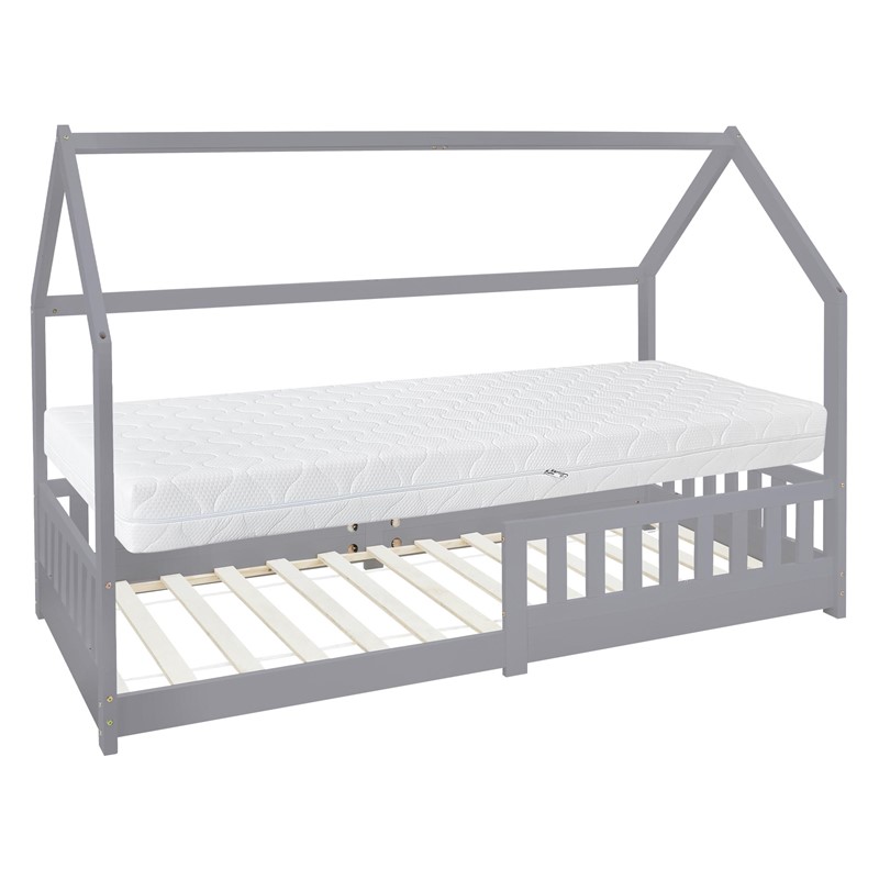 Kinderbett Hausbett 90x200 cm Hellgrau aus Kiefernholz inkl. Matratze H-16cm Rausfallschutz Dach und Lattenrost ML-Design