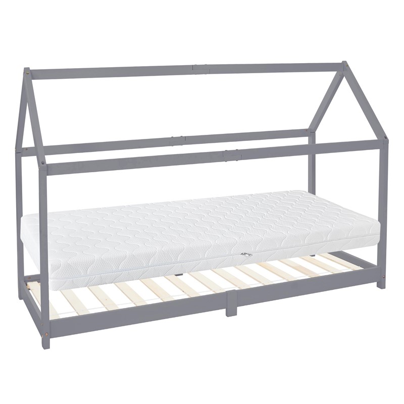 Kinderbett Hausbett 90x200 cm Hellgrau aus Kiefernholz inkl. Matratze H-16cm Holzbett mit Dach und Lattenrost ML-Design Kinderbett Hausbett 90x200 cm Hellgrau aus Kiefernholz inkl. Matratze H-16cm Holzbett mit Dach und Lattenrost ML-Design