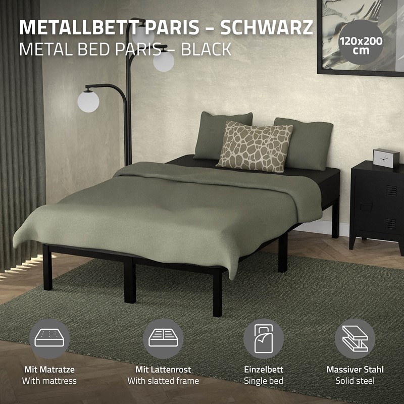Bettgestell Einzelbett Metallbett 120x200 cm Schwarz inkl. Matratze H-16cm mit Lattenrost ML-Design