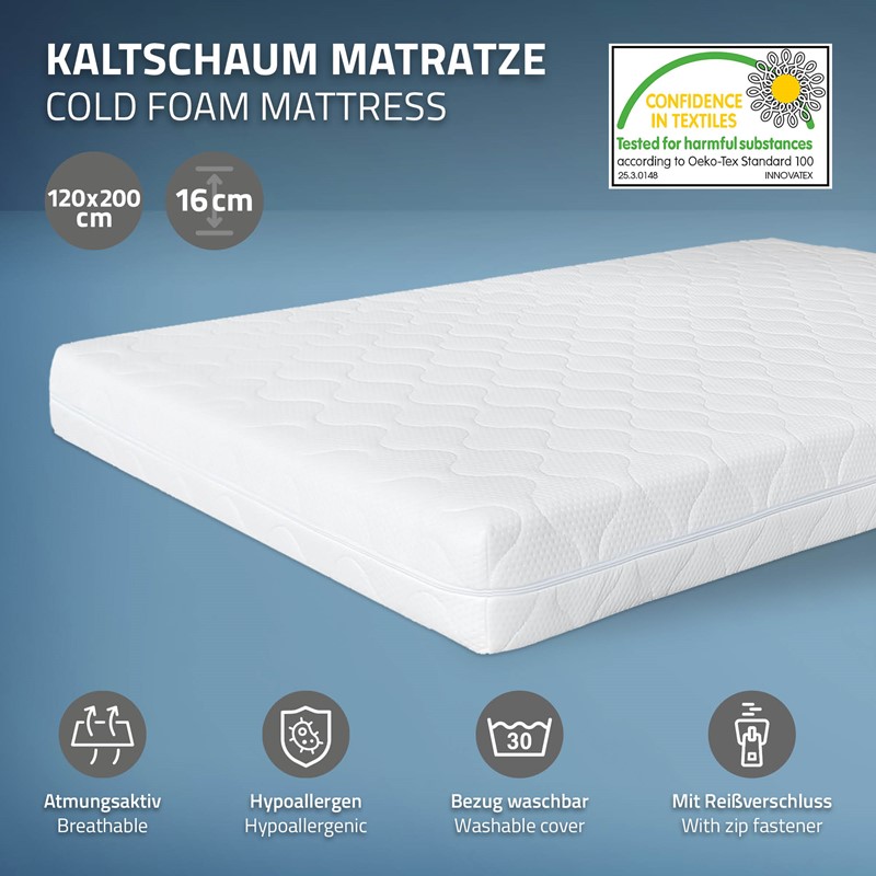 Bettgestell Einzelbett Metallbett 120x200 cm Schwarz inkl. Matratze H-16cm mit Lattenrost ML-Design