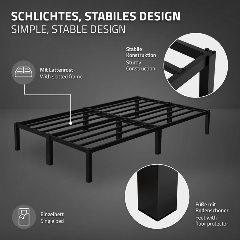 Bettgestell Einzelbett Metallbett 120x200 cm Schwarz inkl. Matratze H-16cm mit Lattenrost ML-Design