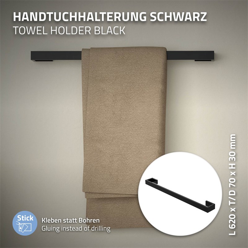 Handtuchhalter selbstklebend ohne Bohren 62 cm Schwarz aus Stahl ML-Design