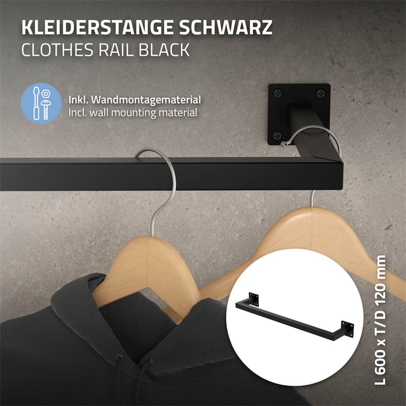 2er Set Kleiderstange Garderobe Wandmontage 12 x 60 cm Schwarz aus Stahl ML-Design