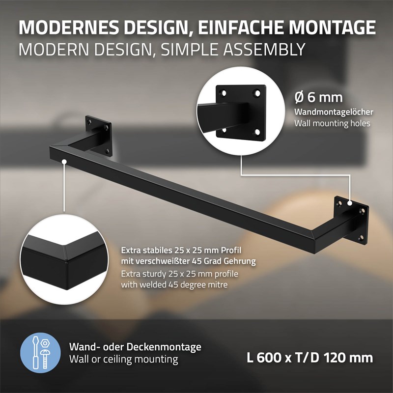 2er Set Kleiderstange Garderobe Wandmontage 12 x 60 cm Schwarz aus Stahl ML-Design