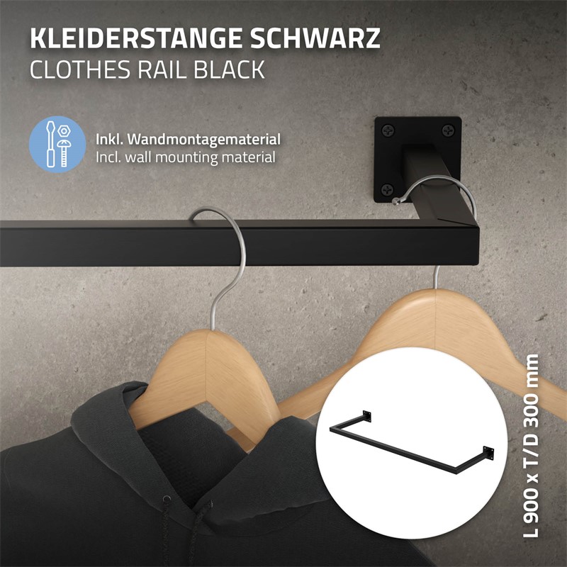 3er Set Kleiderstange Garderobe Wandmontage 30 x 90 cm Schwarz aus Stahl ML-Design