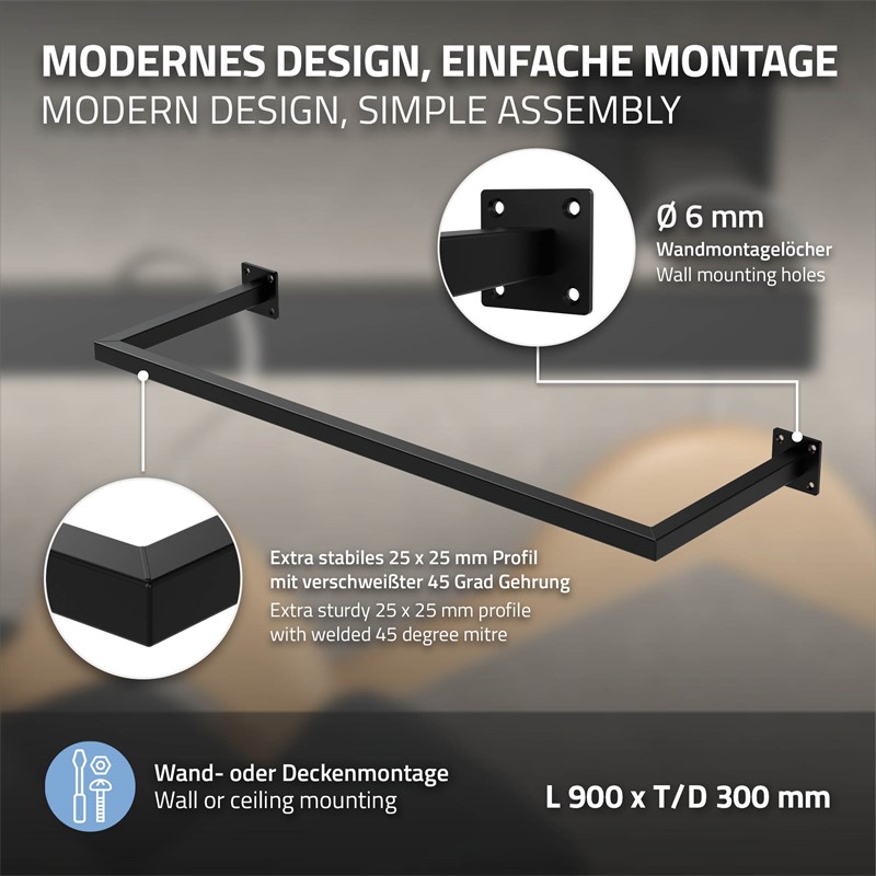 3er Set Kleiderstange Garderobe Wandmontage 30 x 90 cm Schwarz aus Stahl ML-Design