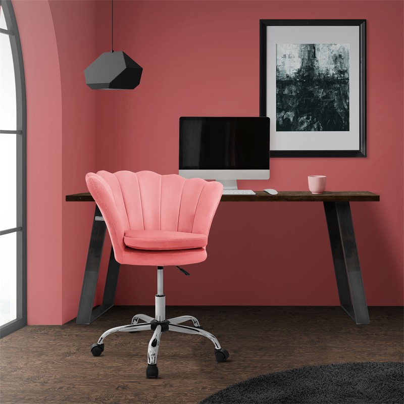 Bürostuhl mit Rollen und Rückenlehne Muscheldesign 68x68 cm Rosa aus Samt Schminktisch Stuhl ML-Design