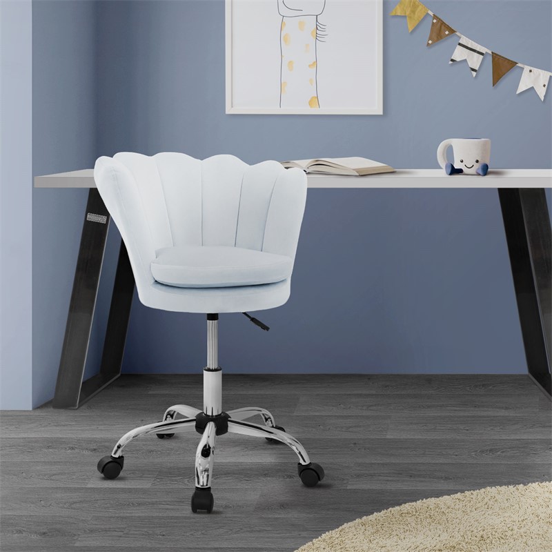 Bürostuhl mit Rollen und Rückenlehne Muscheldesign 55x60 cm Hellblau aus Samt Schminktisch Stuhl ML-Design Bürostuhl mit Rollen und Rückenlehne Muscheldesign 55x60 cm Hellblau aus Samt Schminktisch Stuhl ML-Design