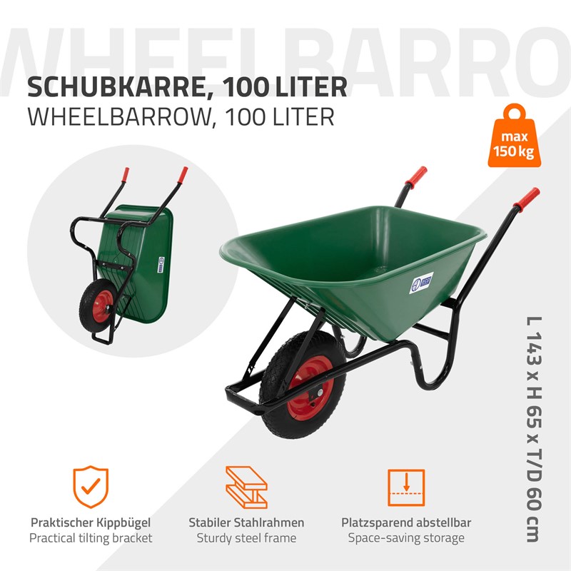 Schubkarre Kunststoff 100 Liter bis 150kg Grün mit Luftreifen und Metallfelge