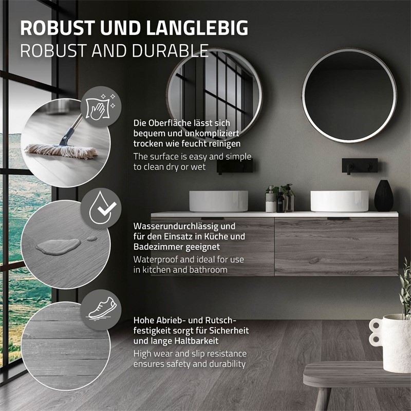 5er Set PVC Vinylboden Bodenbelag 7 Dielen 4,2mm für 1,54m² mit Klick-System Eiche Windswell Hickory ML-Design