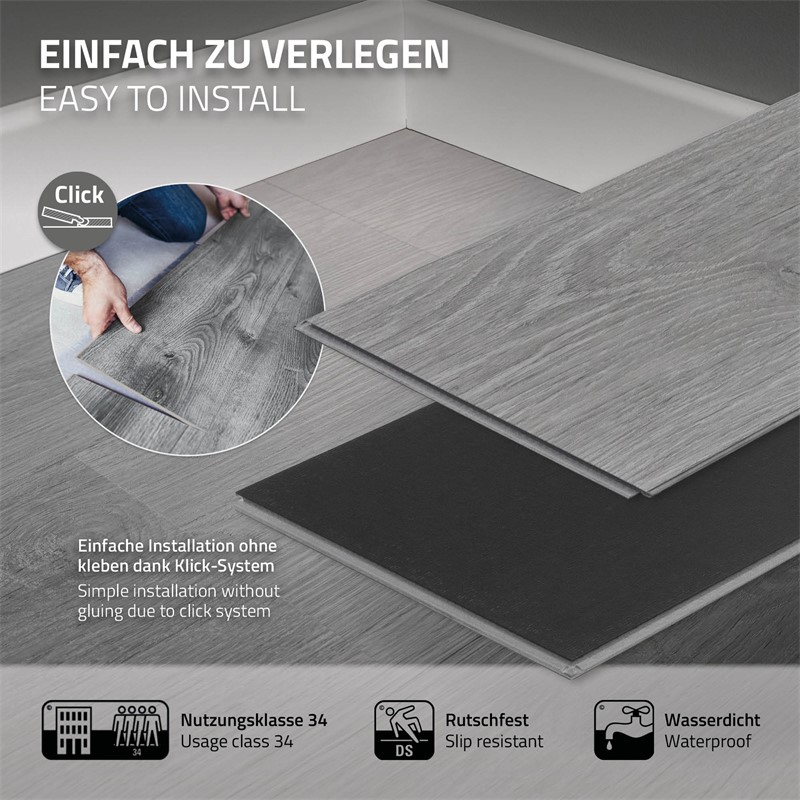 5er Set PVC Vinylboden Bodenbelag 7 Dielen 4,2mm für 1,54m² mit Klick-System Eiche Windswell Hickory ML-Design