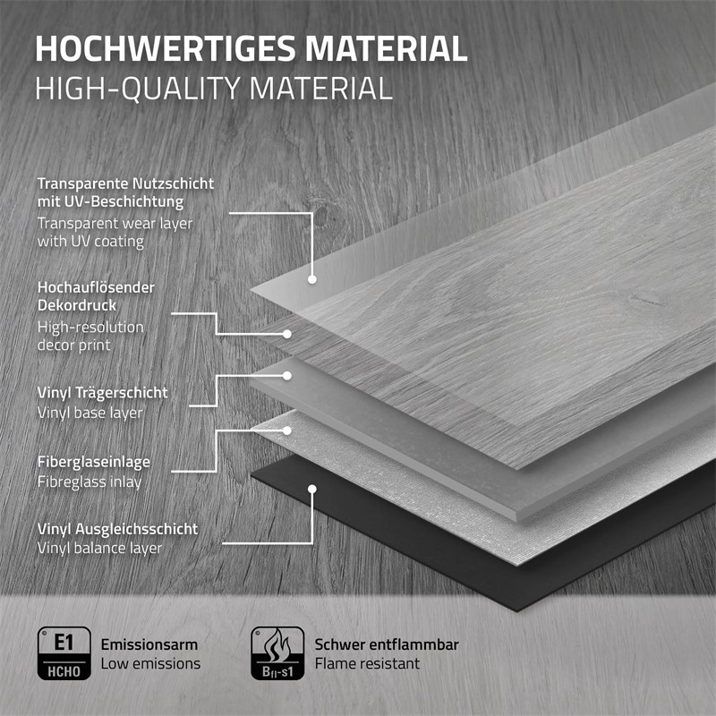 5er Set PVC Vinylboden Bodenbelag 7 Dielen 4,2mm für 1,54m² mit Klick-System Eiche Windswell Hickory ML-Design