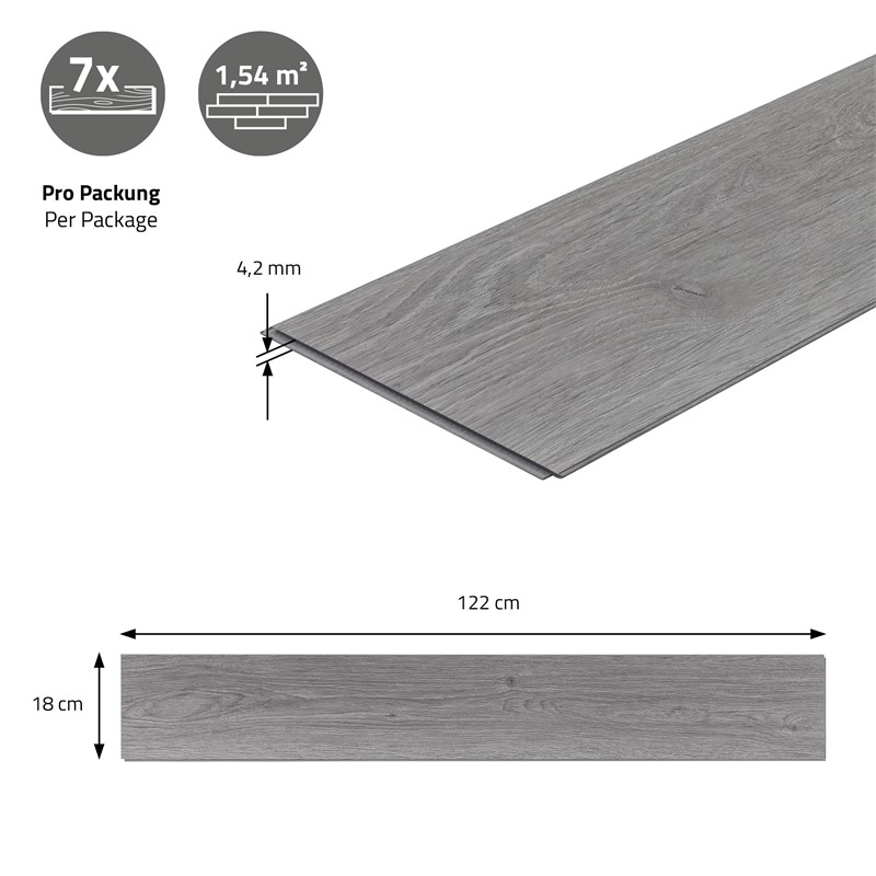 5er Set PVC Vinylboden Bodenbelag 7 Dielen 4,2mm für 1,54m² mit Klick-System Eiche Windswell Hickory ML-Design