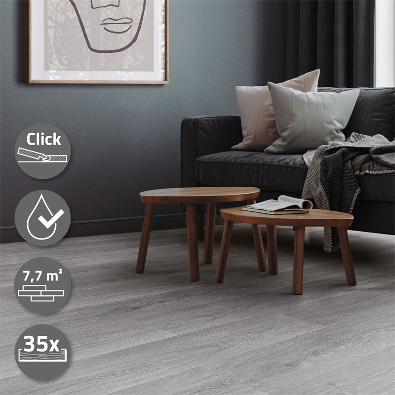 5er Set PVC Vinylboden Bodenbelag 7 Dielen 4,2mm für 1,54m² mit Klick-System Eiche Windswell Hickory ML-Design