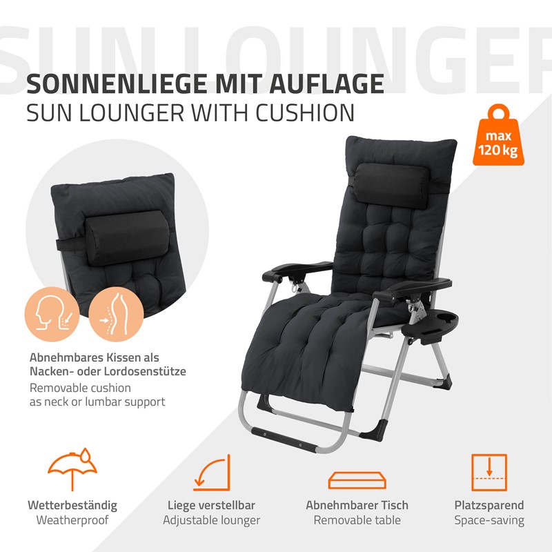 Liegestuhl Sonnenliege bis 120 kg klappbar Schwarz mit Auflagekissen und Nackenkissen Hauki