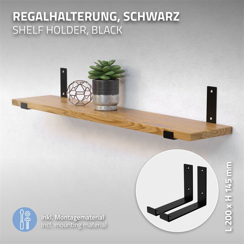 2er Set Wandkonsole Regalhalterung 2x 200 x 140 mm Schwarz aus Stahl ML-Design