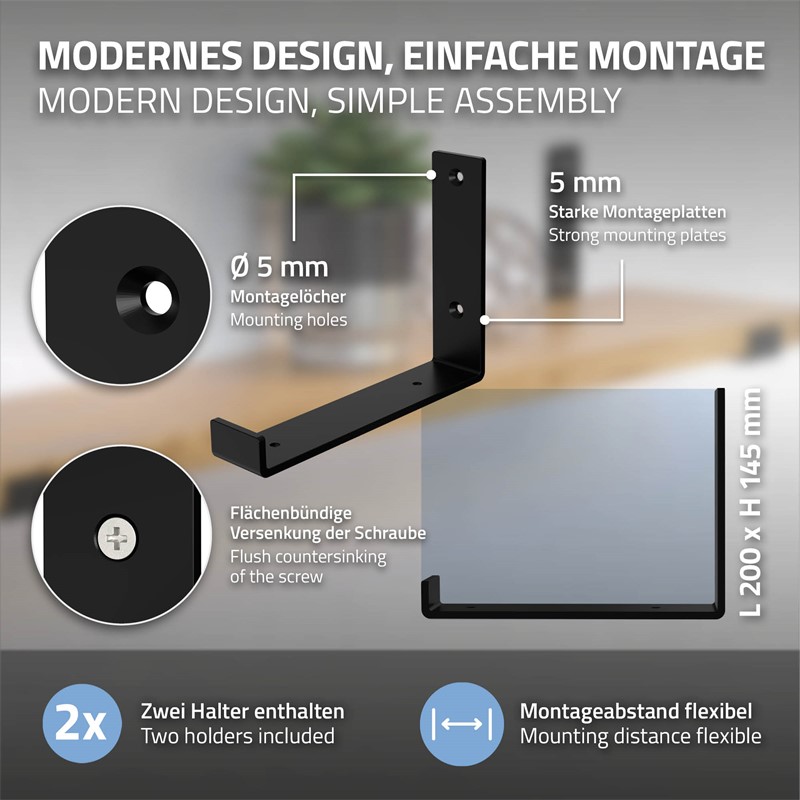 2er Set Wandkonsole Regalhalterung 2x 200 x 140 mm Schwarz aus Stahl ML-Design