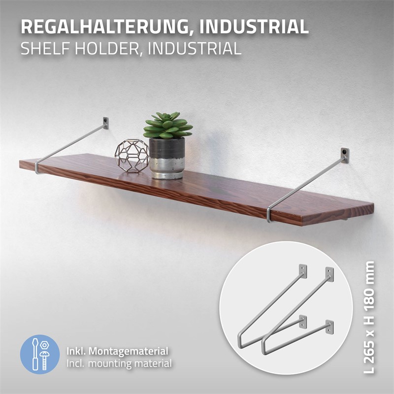2er Set Wandkonsole Regalhalterung 2x 265 x 180 mm Grau aus Stahl ML-Design