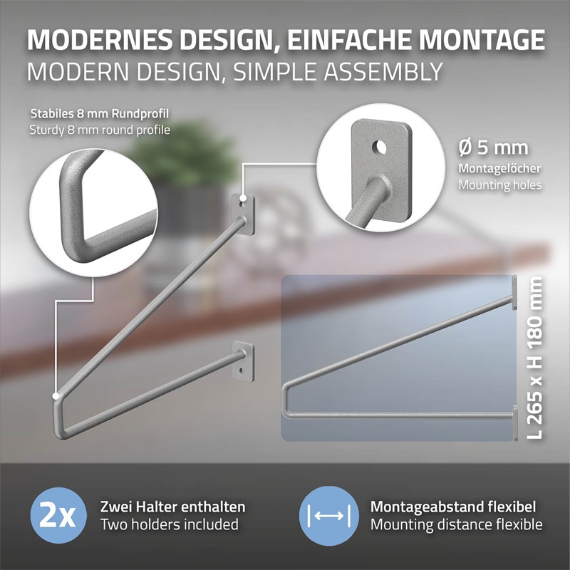 2er Set Wandkonsole Regalhalterung 2x 265 x 180 mm Grau aus Stahl ML-Design