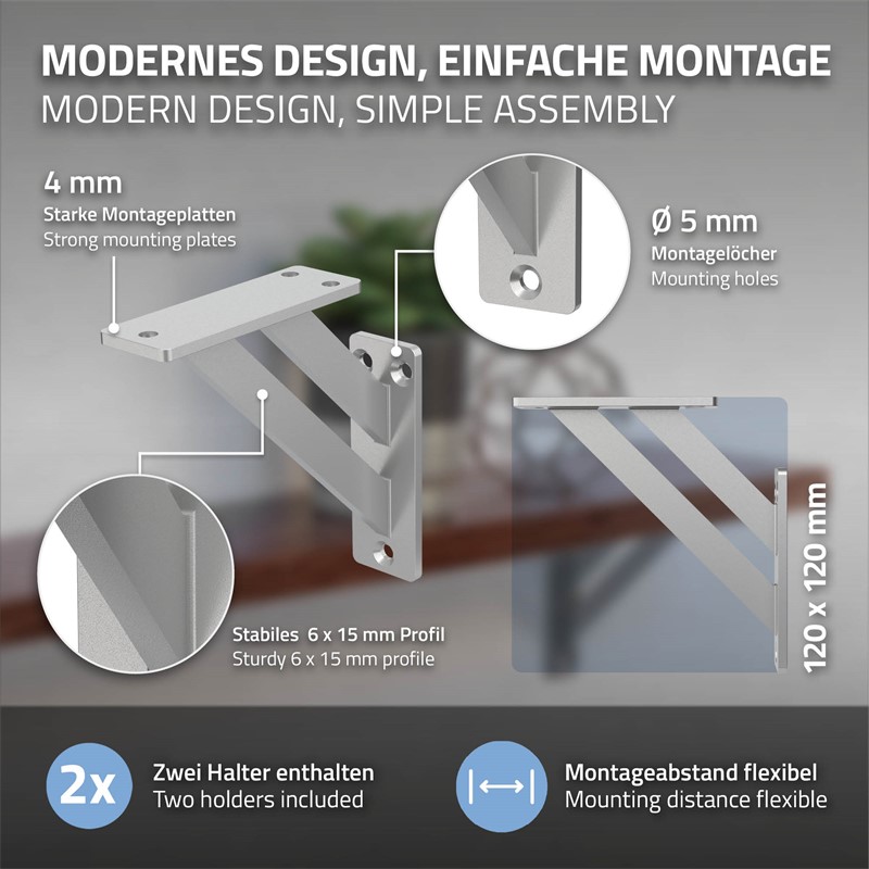 2er Set Wandkonsole Regalhalterung 2x 120 x 120 mm Silber aus Aluminium ML-Design