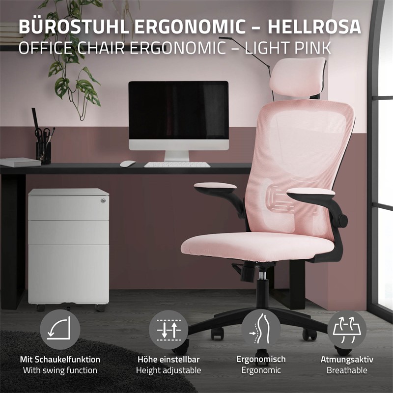 Ergonomischer Bürostuhl Rosa Netzgewebe mit verstellbarer Kopfstütze und Rollen ML-Design