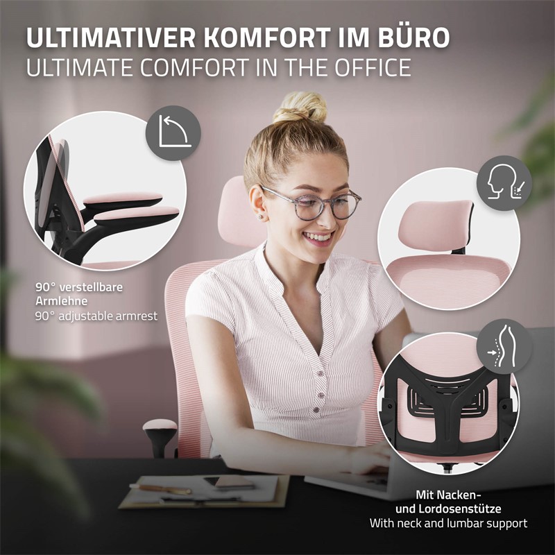 Ergonomischer Bürostuhl Rosa Netzgewebe mit verstellbarer Kopfstütze und Rollen ML-Design