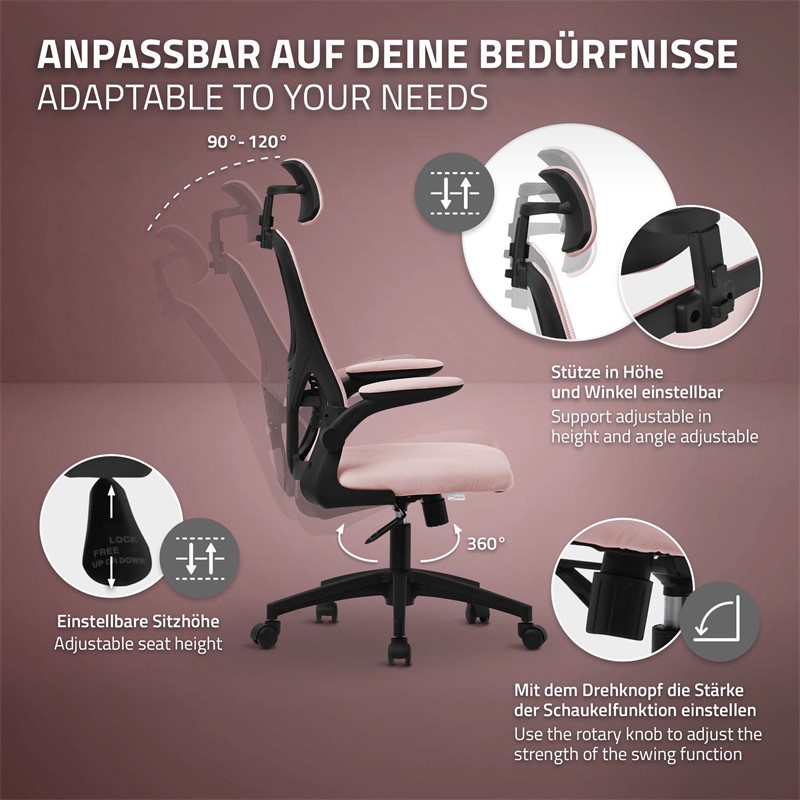 Ergonomischer Bürostuhl Rosa Netzgewebe mit verstellbarer Kopfstütze und Rollen ML-Design