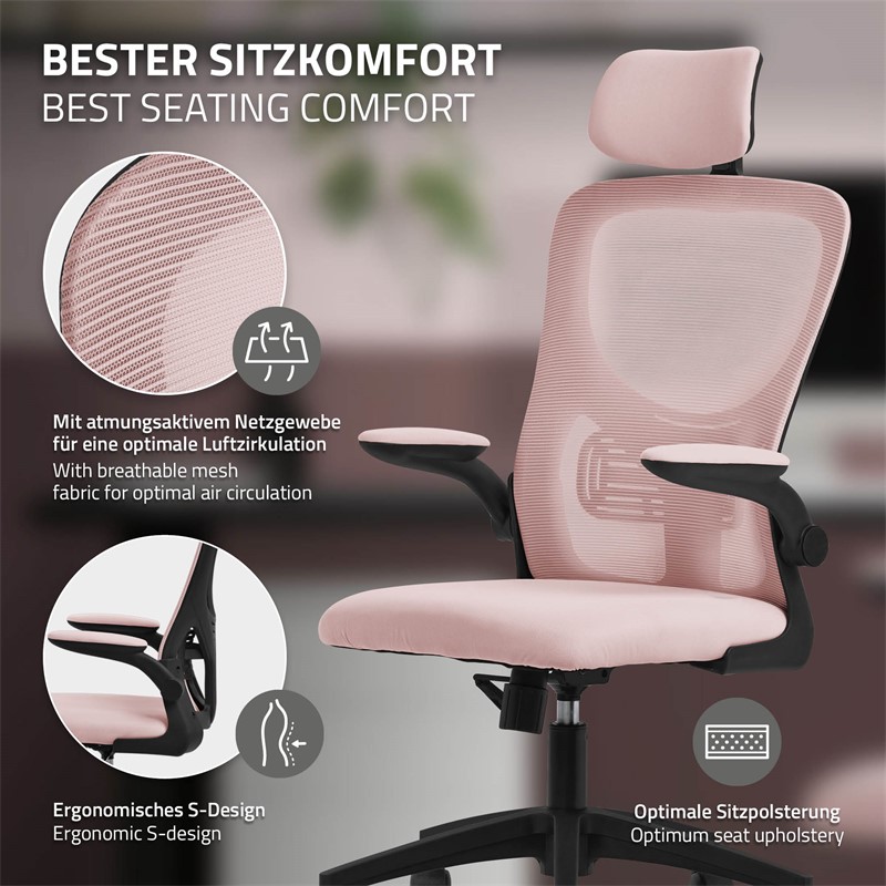 Ergonomischer Bürostuhl Rosa Netzgewebe mit verstellbarer Kopfstütze und Rollen ML-Design