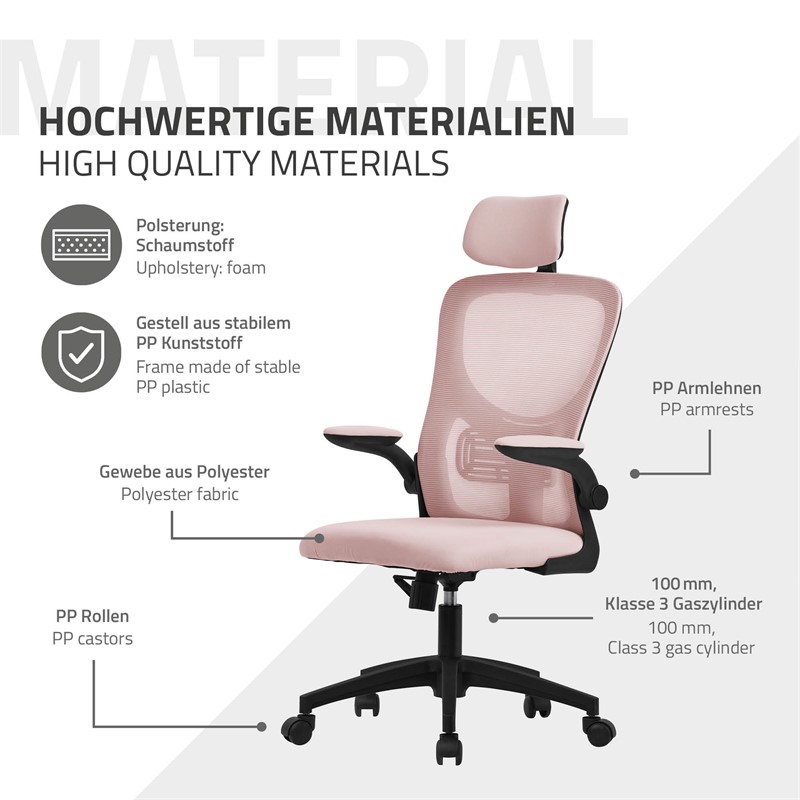 Ergonomischer Bürostuhl Rosa Netzgewebe mit verstellbarer Kopfstütze und Rollen ML-Design