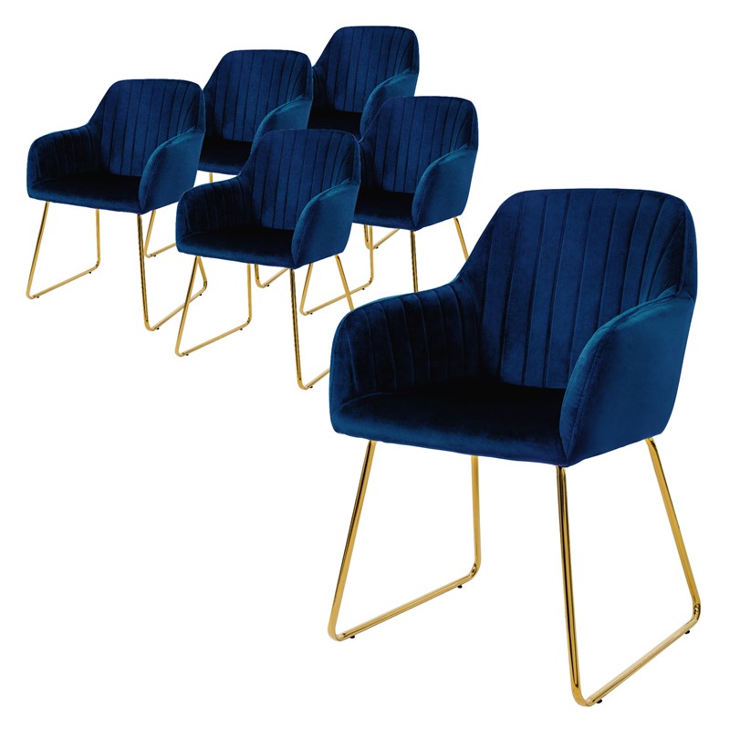 Esszimmerstuhl 6er Set Linierte Steppung mit Rücken- und Armlehnen Blau Küchenstuhl mit Microfaser-Samtbezug & goldene Metallbeine ML-Design Esszimmerstuhl 6er Set Linierte Steppung mit Rücken- und Armlehnen Blau Küchenstuhl mit Microfaser-Samtbezug & goldene Metallbeine ML-Design