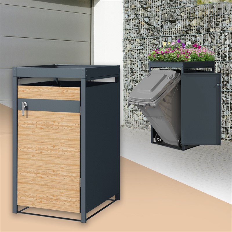 Mülltonnenbox mit Pflanzdach 1er bis 240L 68x80x124 cm aus Stahl in Lärchenoptik ML-Design Mülltonnenbox mit Pflanzdach 1er bis 240L 68x80x124 cm aus Stahl in Lärchenoptik ML-Design