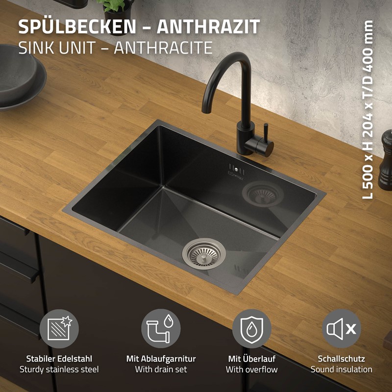 Einbauspüle 50x40 cm Anthrazit mit Ablaufgarnitur und Überlauf aus Edelstahl ML-Design