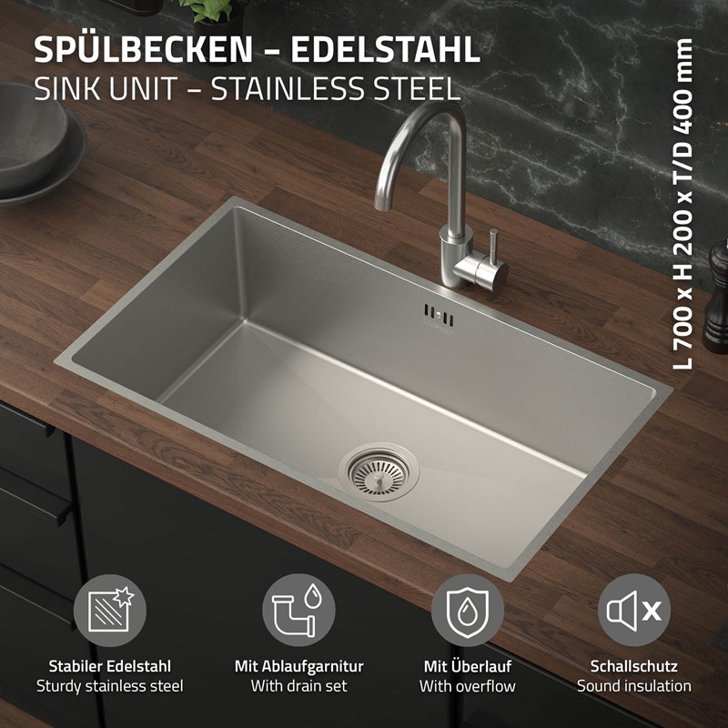 Einbauspüle 70x40 cm Silber mit Ablaufgarnitur und Überlauf aus Edelstahl ML-Design