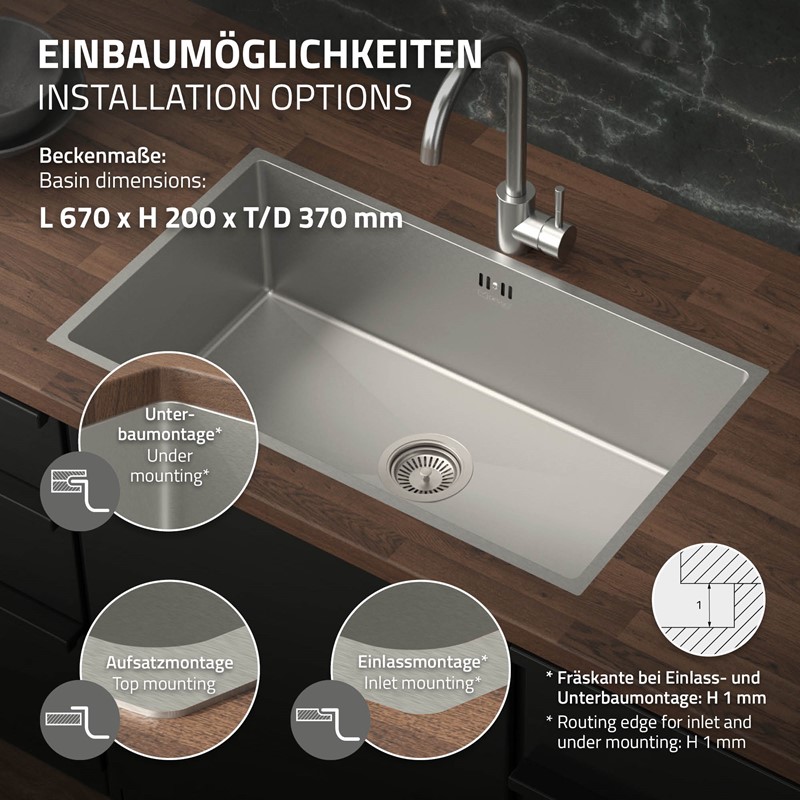 Einbauspüle 70x40 cm Silber mit Ablaufgarnitur und Überlauf aus Edelstahl ML-Design