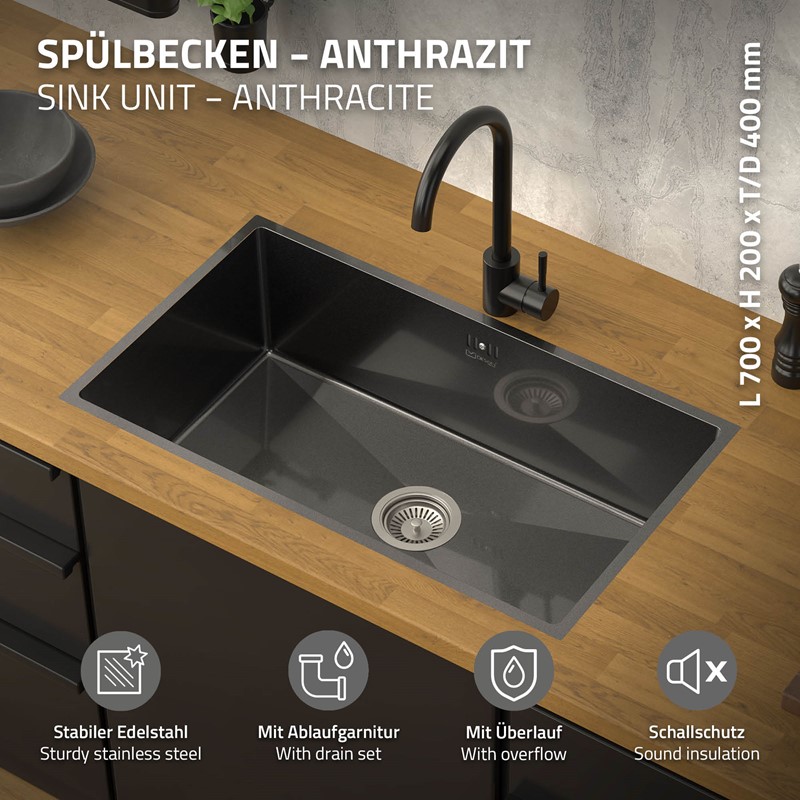 Einbauspüle 70x40 cm Anthrazit mit Ablaufgarnitur und Überlauf aus Edelstahl ML-Design