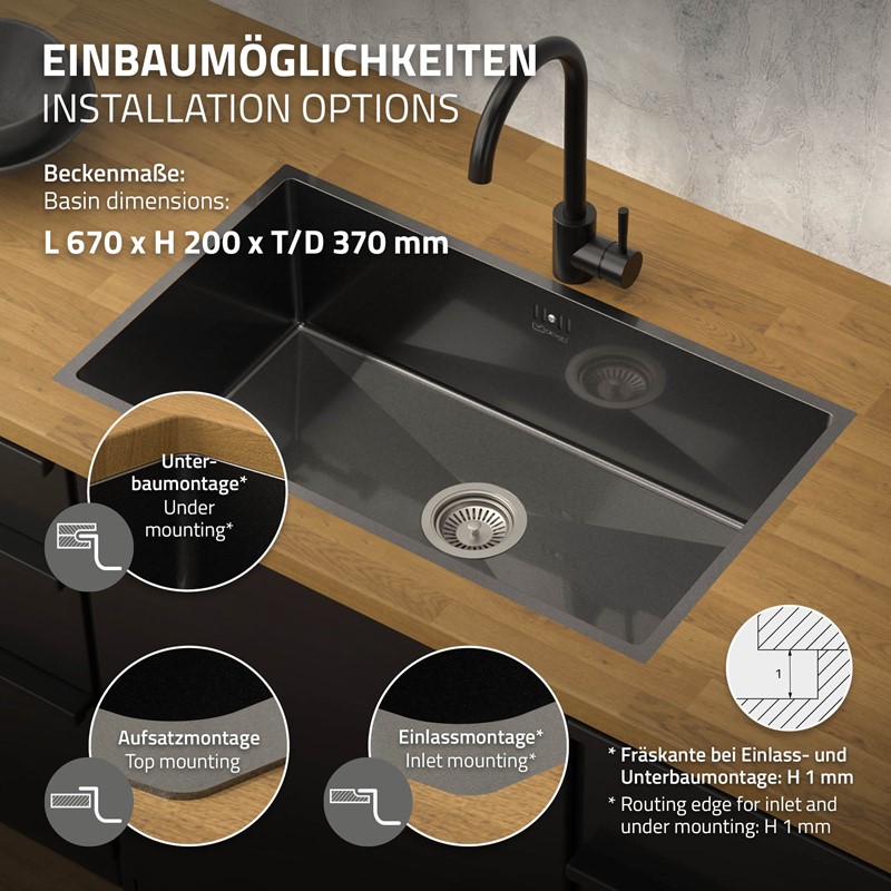 Einbauspüle 70x40 cm Anthrazit mit Ablaufgarnitur und Überlauf aus Edelstahl ML-Design