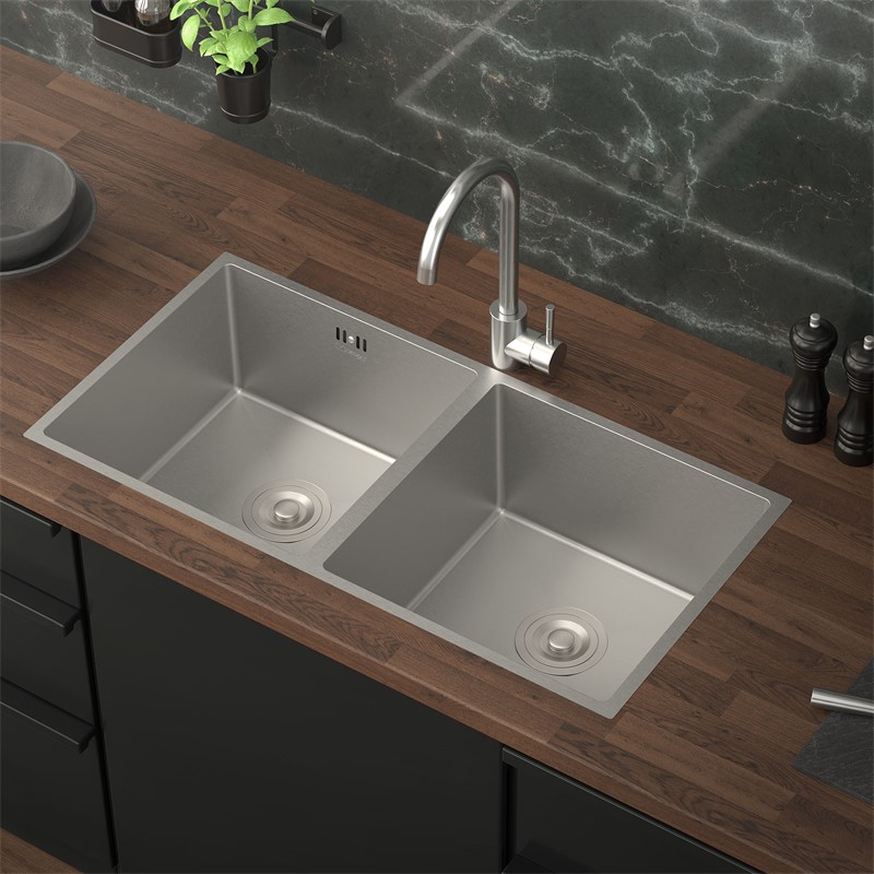 Einbauspüle mit Doppelbecken Silber Küchenspüle mit Ab- und Überlaufgarnitur aus Edelstahl ML-Design