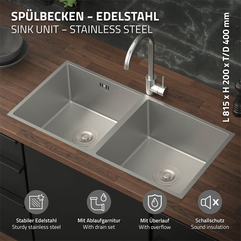 Einbauspüle mit Doppelbecken Silber Küchenspüle mit Ab- und Überlaufgarnitur aus Edelstahl ML-Design