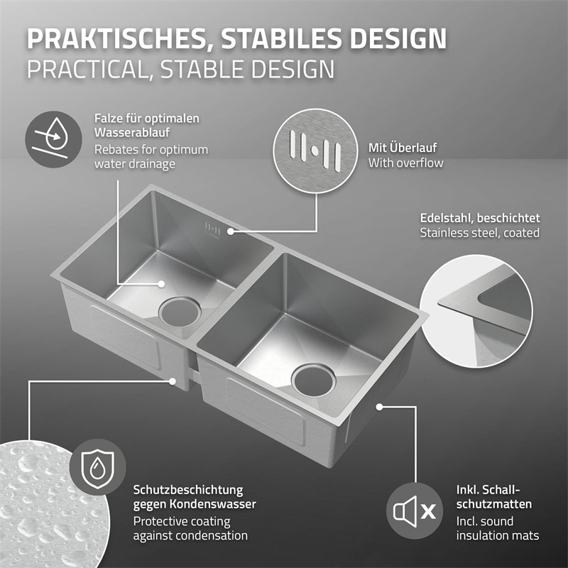 Einbauspüle mit Doppelbecken Silber Küchenspüle mit Ab- und Überlaufgarnitur aus Edelstahl ML-Design