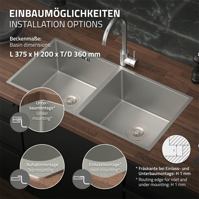 Einbauspüle mit Doppelbecken Silber Küchenspüle mit Ab- und Überlaufgarnitur aus Edelstahl ML-Design