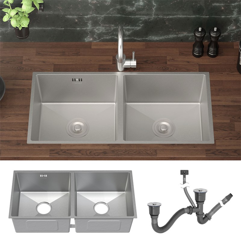Einbauspüle mit Doppelbecken Silber Küchenspüle mit Ab- und Überlaufgarnitur aus Edelstahl ML-Design