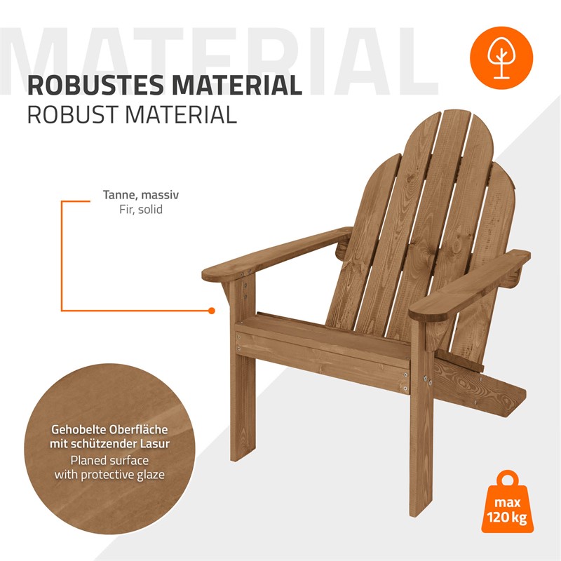 Adirondack Gartenstuhl aus Massivholz wetterfest belastbar bis 120 kg Braun aus Tannenholz ML-Design