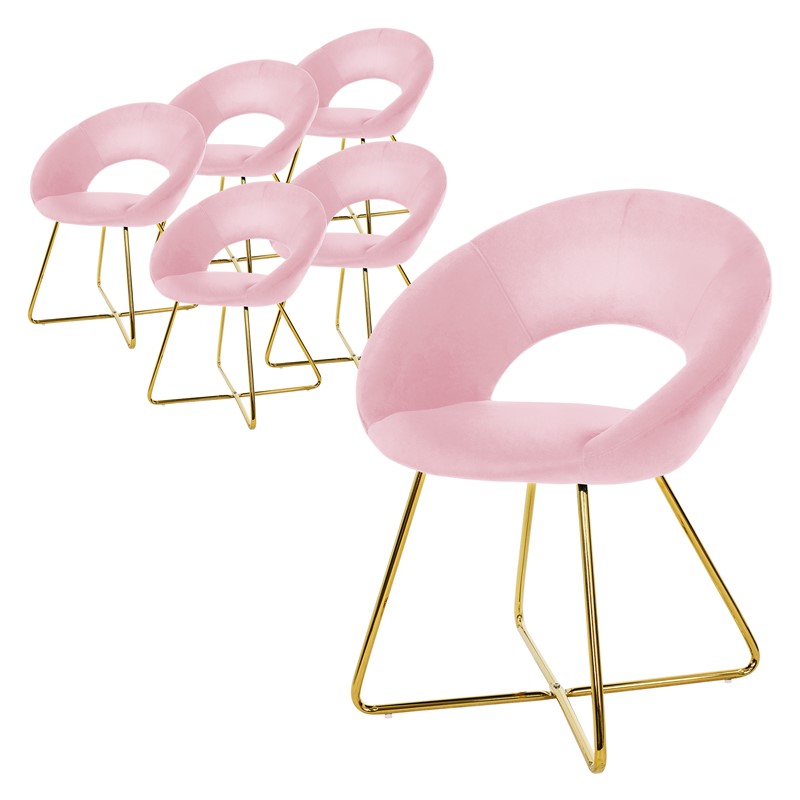 6er Set Esszimmerstuhl mit runder offener Rückenlehne Rosa aus Samt mit goldenen Metallbeinen ML-Design 6er Set Esszimmerstuhl mit runder offener Rückenlehne Rosa aus Samt mit goldenen Metallbeinen ML-Design