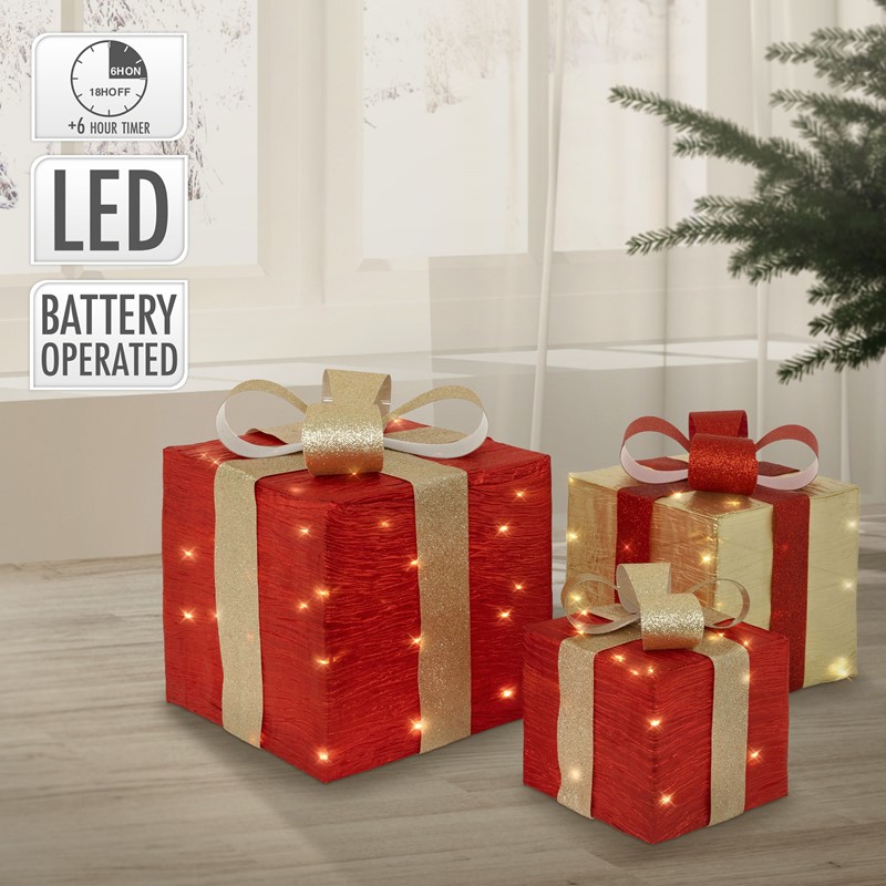 3er Set LED Deko Geschenkbox mit 90 warmweißen LEDs Rot Gold Drahtgestell batteriebetrieben mit Timer