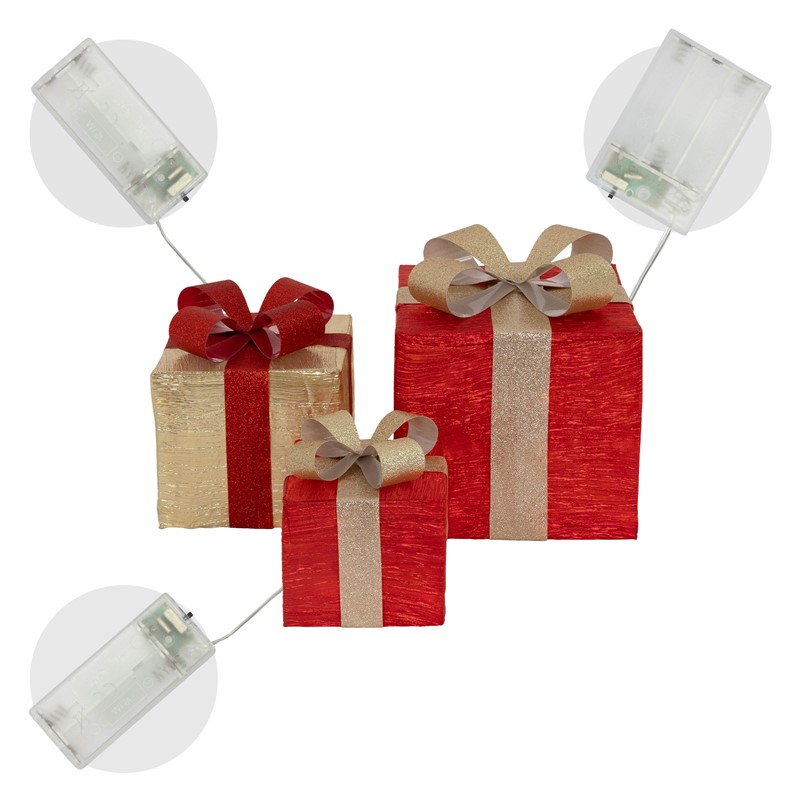 3er Set LED Deko Geschenkbox mit 90 warmweißen LEDs Rot Gold Drahtgestell batteriebetrieben mit Timer