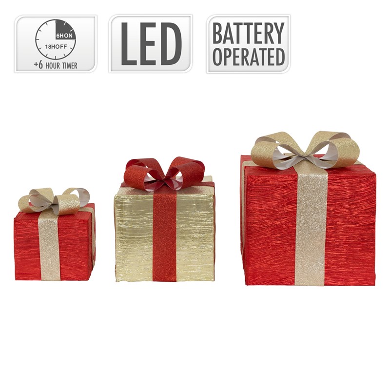 3er Set LED Deko Geschenkbox mit 90 warmweißen LEDs Rot Gold Drahtgestell batteriebetrieben mit Timer