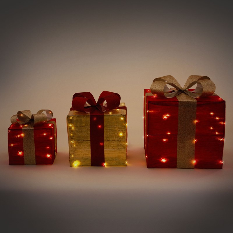 3er Set LED Deko Geschenkbox mit 90 warmweißen LEDs Rot Gold Drahtgestell batteriebetrieben mit Timer