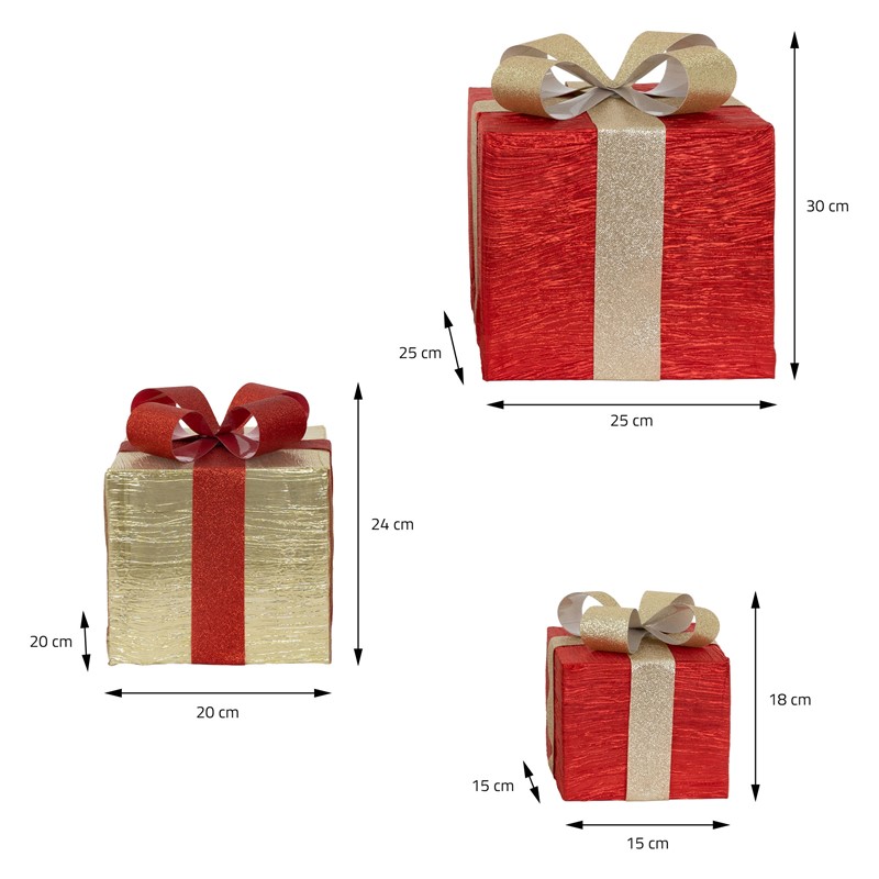 3er Set LED Deko Geschenkbox mit 90 warmweißen LEDs Rot Gold Drahtgestell batteriebetrieben mit Timer