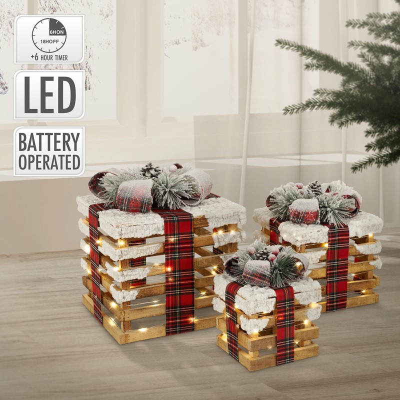 LED Geschenkbox Weihnachtsdeko 3er Set Braun aus Holz batteriebetrieben mit Timer